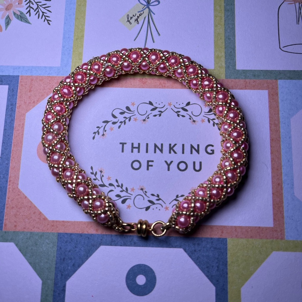 Handmade fashion jewelry beaded -pink faux pearls and magnetic clasp.